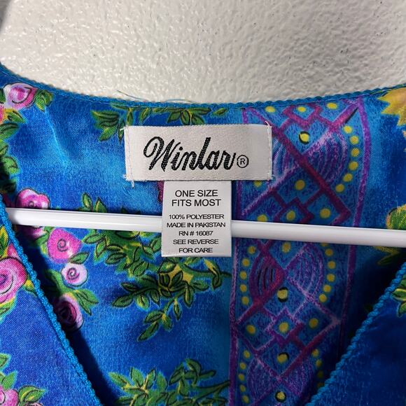 Winlar Blue Floral Satin Kaftan Dress One Size – Boho Lounge Caftan - Picture 7 of 7